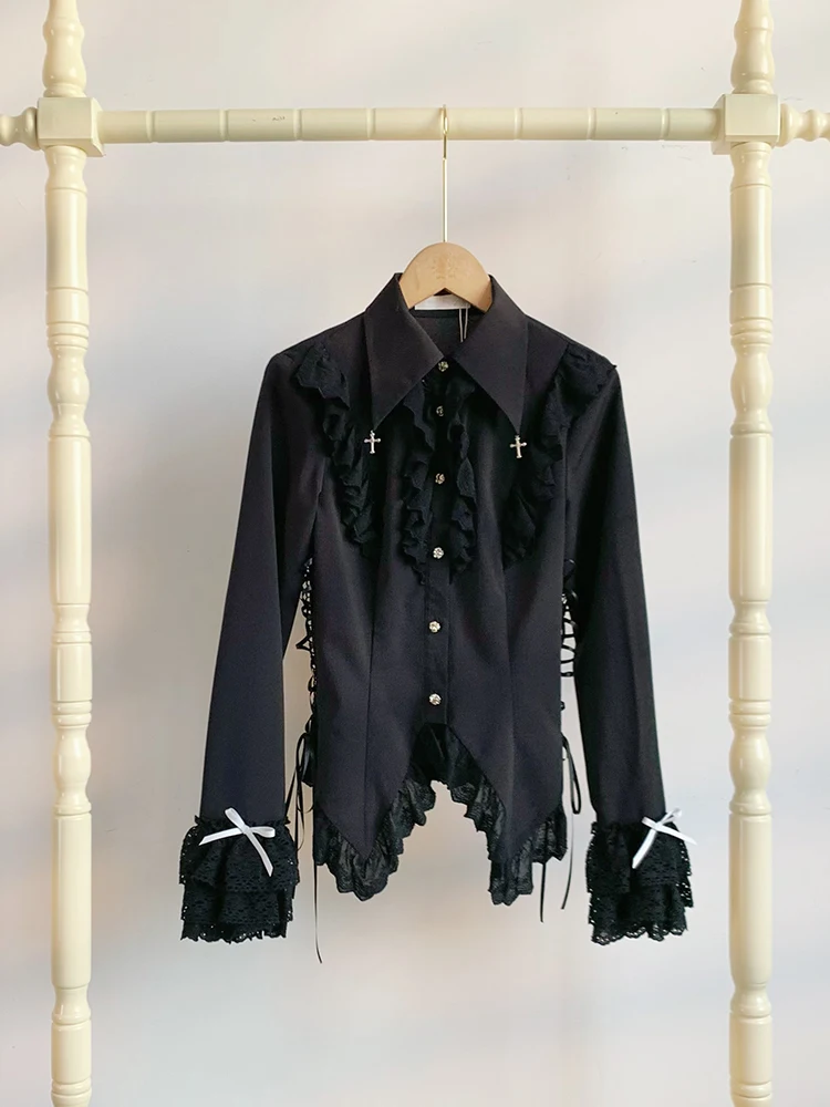 Original Design Gothic Black and White Waist Trimming Shirt 2024 Spring and Summer Lolita Women's Solid Color Blouse Shirts