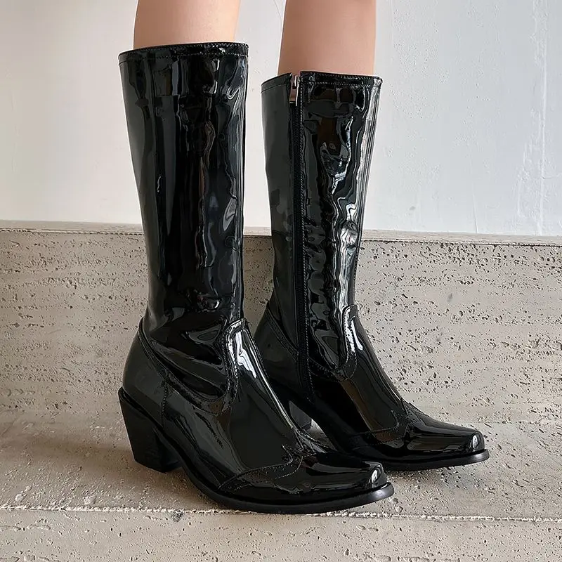 

SIMLOVEYO Leisure Female Knee Boots Toe Block Heels 6cm Size 45 46 47 48 Soft Daily Riding Bota