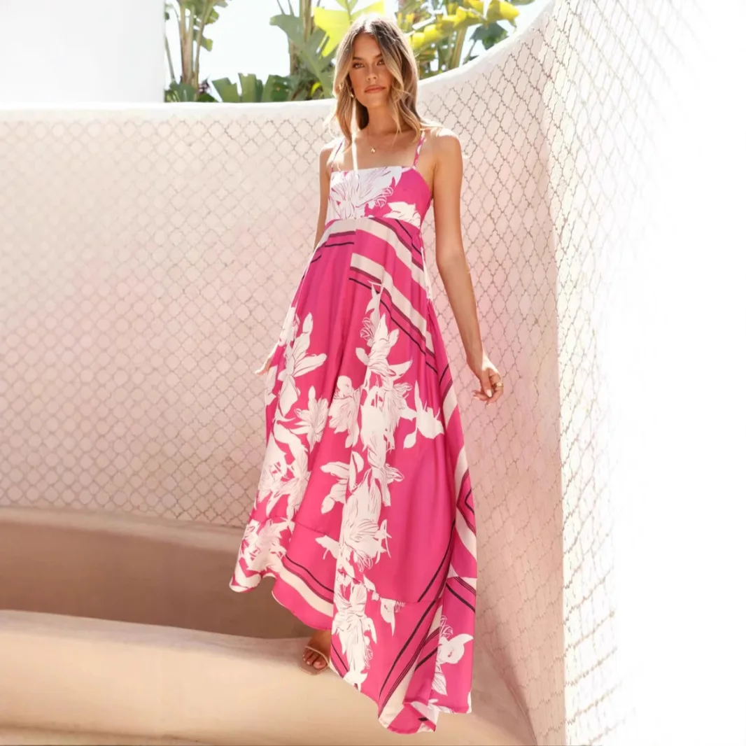 

Fashion Flower Print Spaghetti Strap Dresses Women Summer New Casual Vacation Style Long Dress Female Sleeveless Maxi Vestidos