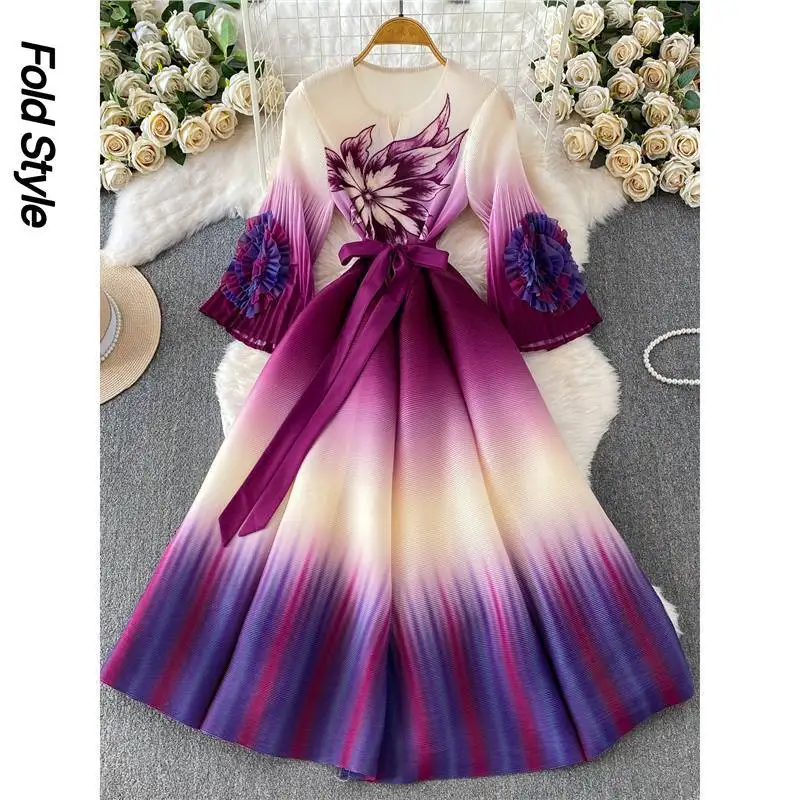 2026 Miyake Gradual Change Printed Dress Women's Three-dimensional Flower Long-sleeved V-neck Waist Lace-up Long Pleated Skirt