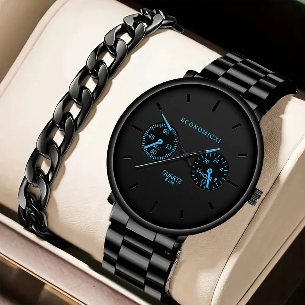 2Pcs Men's Casual Simple Business Three-eye Digital Pointer Steel Band Quartz Watch Fashion Luxury Alloy Bracelet Set