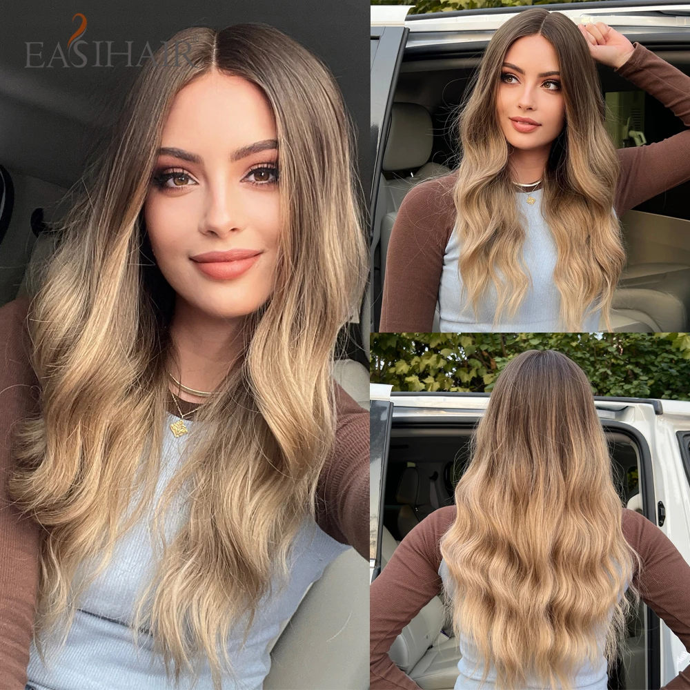 EASIHAIR Ombre Light Brown Blonde Long Water Wavy Synthetic Wigs Natural Middle Part Daily Hair for Women Cosplay Heat Resistant