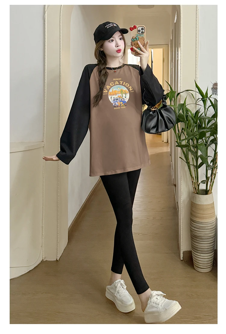 Korean Style Batwing Sleeve Maternity Cotton Shirts Long Sleeve O-Neck Pregnant Woman Blouses Irregular T-Shirts Tees and Tops