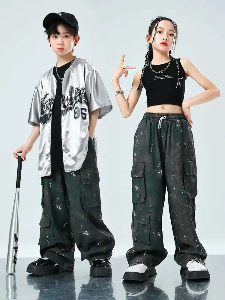 Sequin Silver Dancing Clothes Hip Hop Dance Costume 4 Girls Boys T Shirt Pants Street Wear Children Competition Costumes Jazz
