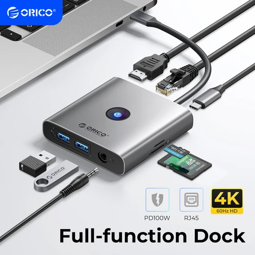 ORICO-Adaptador USB 3,0 tipo C a 4K60Hz, estación de acoplamiento Compatible con HDMI, divisor RJ45 PD para MacBook, iPad, Accesorios para ordenador portátil