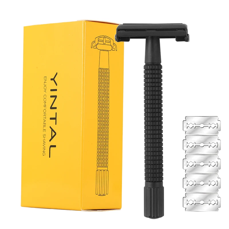 

YINTAL Brass Matte Black Steel Coating Safety Razor Long Handle Butterfly Open Classic Safety Razor Men Shaving Shaver 5 blades