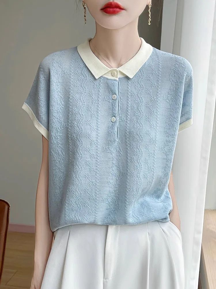 تي شيرت نسائي صيفي جديد Sle Color Blo ort Sve محبوك Ne تي شيرت مرتبط بالطيران Sve متعدد الاستخدامات #4