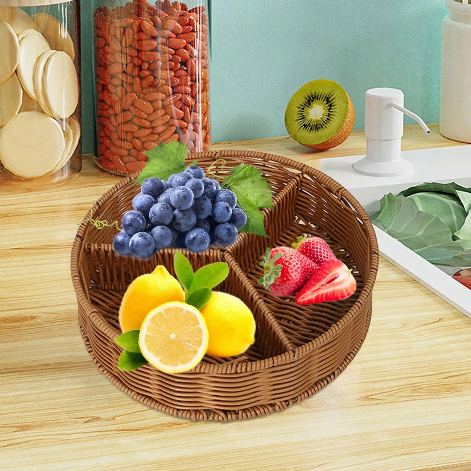 Wicker Woven Bread Baskets Stackable Round Storage Basket Plastic Rattan Fruit Tray for Dining Table Snack Vegetable Display