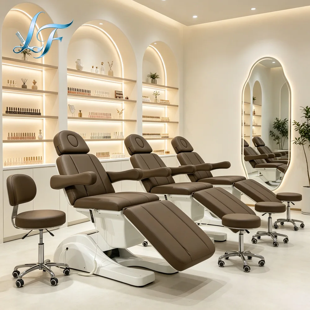 Three Motor Electric Brown Leather Massage Lash Bed For Professional Aesthetic Clinic Salon Beauty Furniture