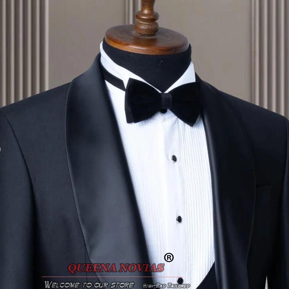 Classic Black Groom Wear Tuxedos Bespoke Satin Lapel Jacket Vest Pants 3 Pieces Men Formal Banquet Wedding Suits Costume Homme