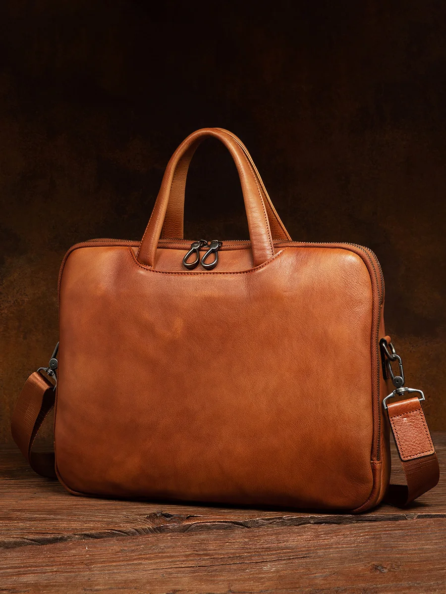 

High Quality Light Luxury Handmade Vegetable Tanned Cowhide Briefcase Leather Men's Bag Business Computer Retro Handbag