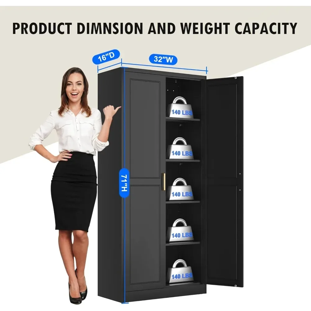 71" Tall Metal Kitchen Cabinet, Freestanding Storage with Doors & Adjustable Shelves, Black Food Cupboard (Assembly Required)