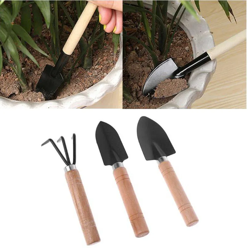 3pcs Mini Garden Tools Shovel Rake Spade Erramientas Bonsai Set Wooden Handle For Flowers Potted Plant Flower Planting C2