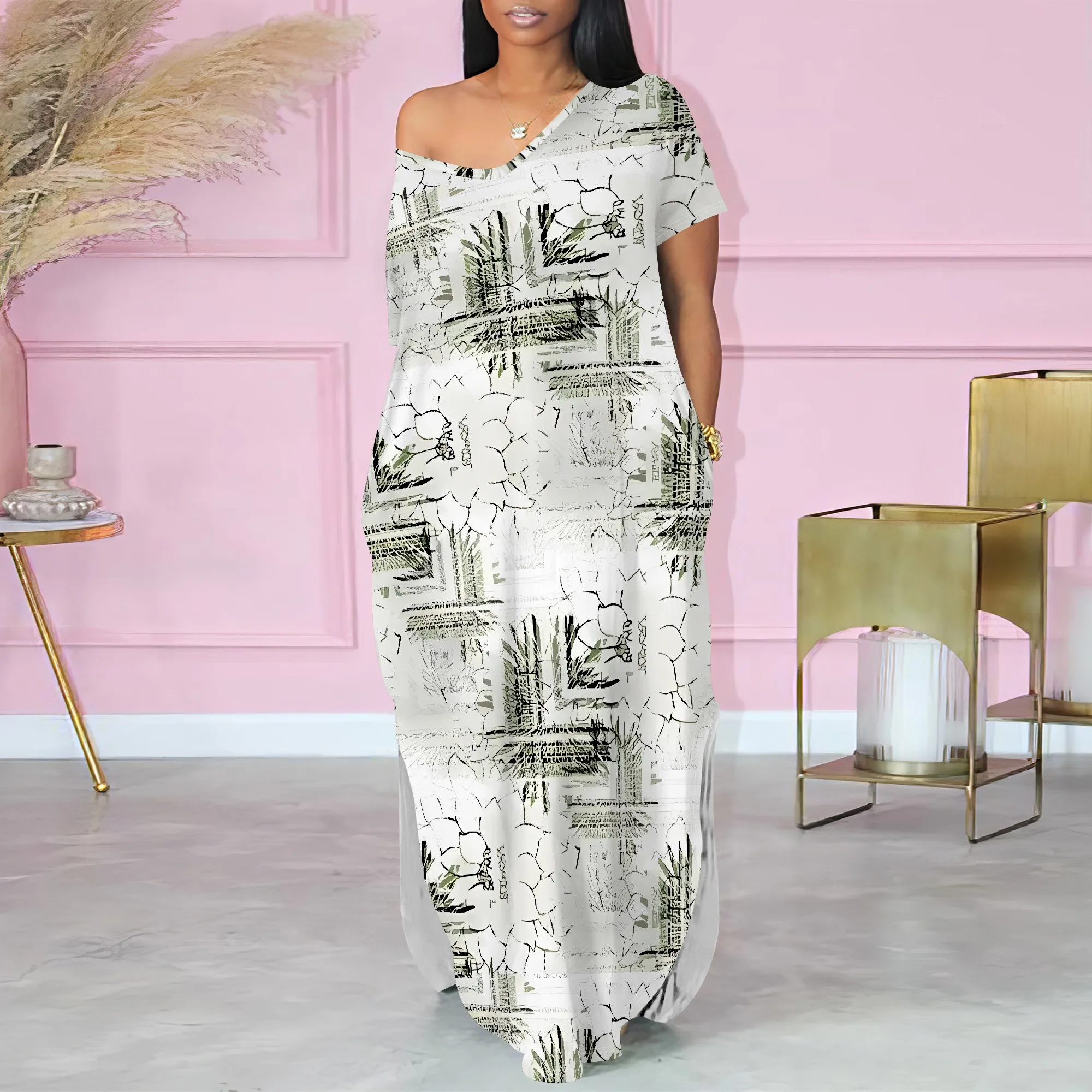 

EQQZD Short-sleeved One-shoulder Two-side Slits Maxi Dress, Standard Size Vintage Patchwork Print Dress