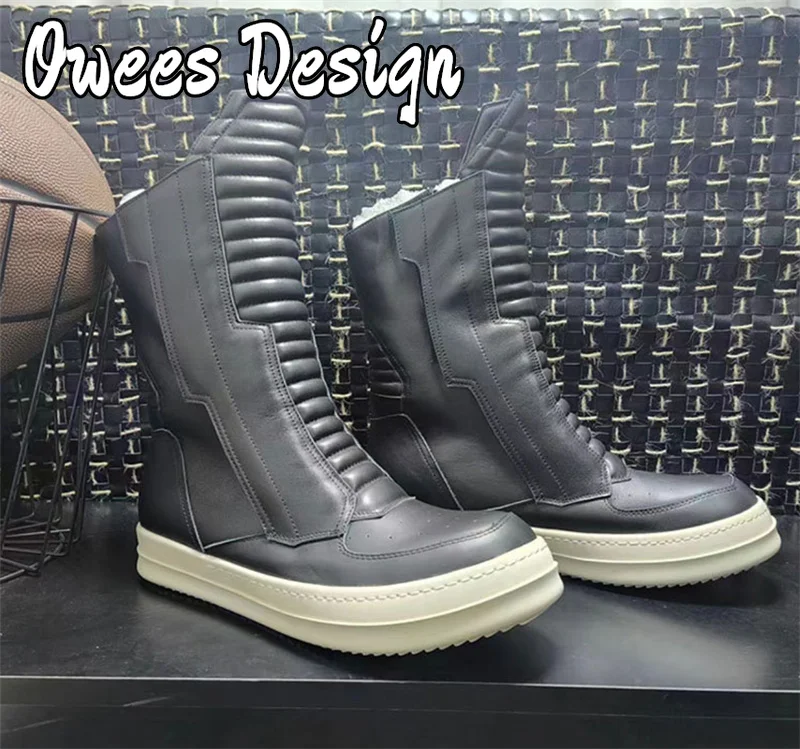 Owees Design Round Head Flat Mid-calf Boots Men's Brand High Top Boots Tide Cowhide Thick Soled Classic Couple Fashion Shoes