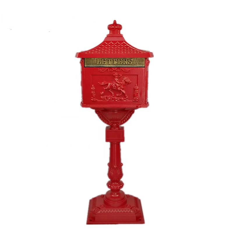 

Antique design cast aluminum red post mailbox with lock for outdoor