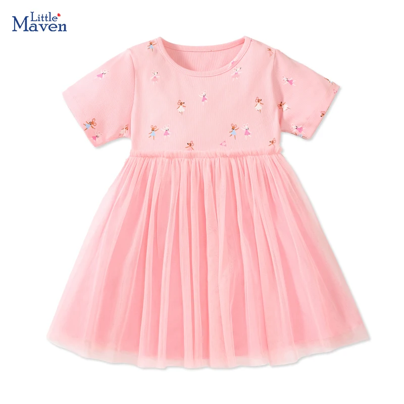 Little maven 2024 Summer Princess Kids Clothes Pink Children \'s Clothing Baby Girls Cotton Cartoon Infant Mesh Dresses Vestidos