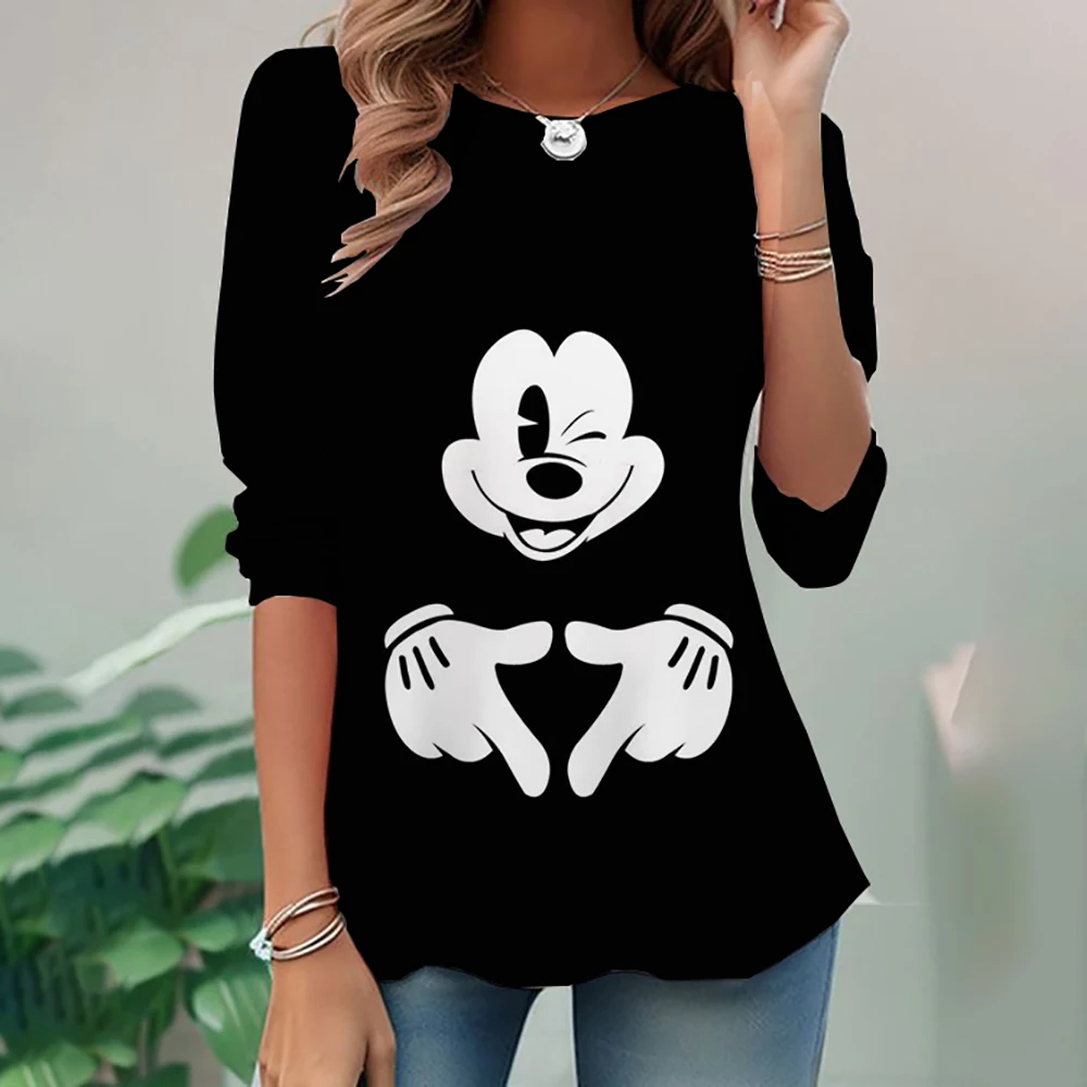 Women's Disney Mickey Mouse print Long Sleeve T-Shirt Casual Crewneck Streetwear Tops Pullover Homewear