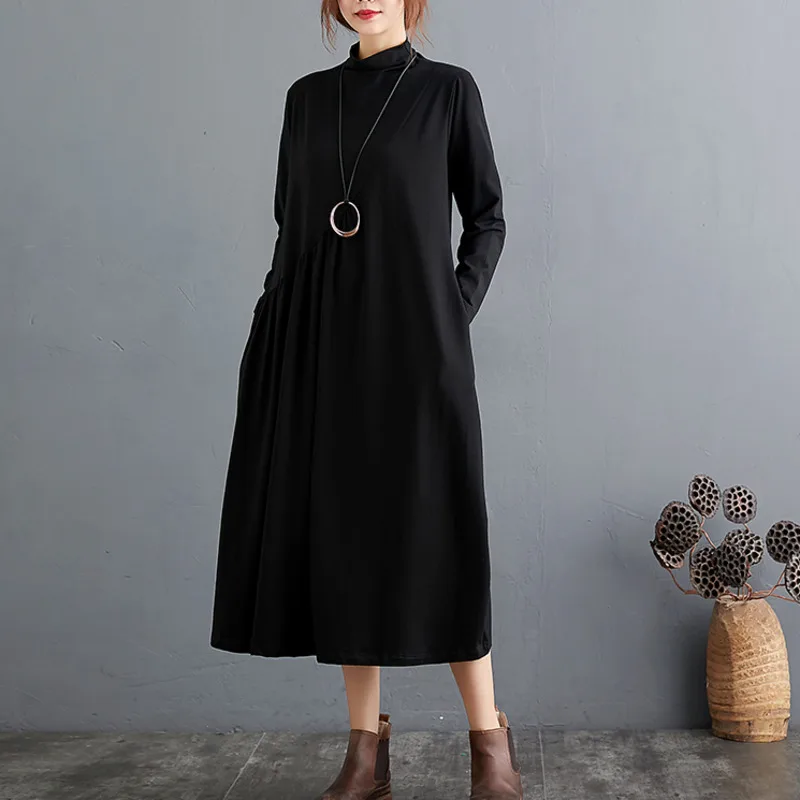 #3458 Spring Autumn Turtleneck Long T Shirt Dress Women Loose Asymmetrical A-line Dress Female Split Joint Pleated Vintage Midi