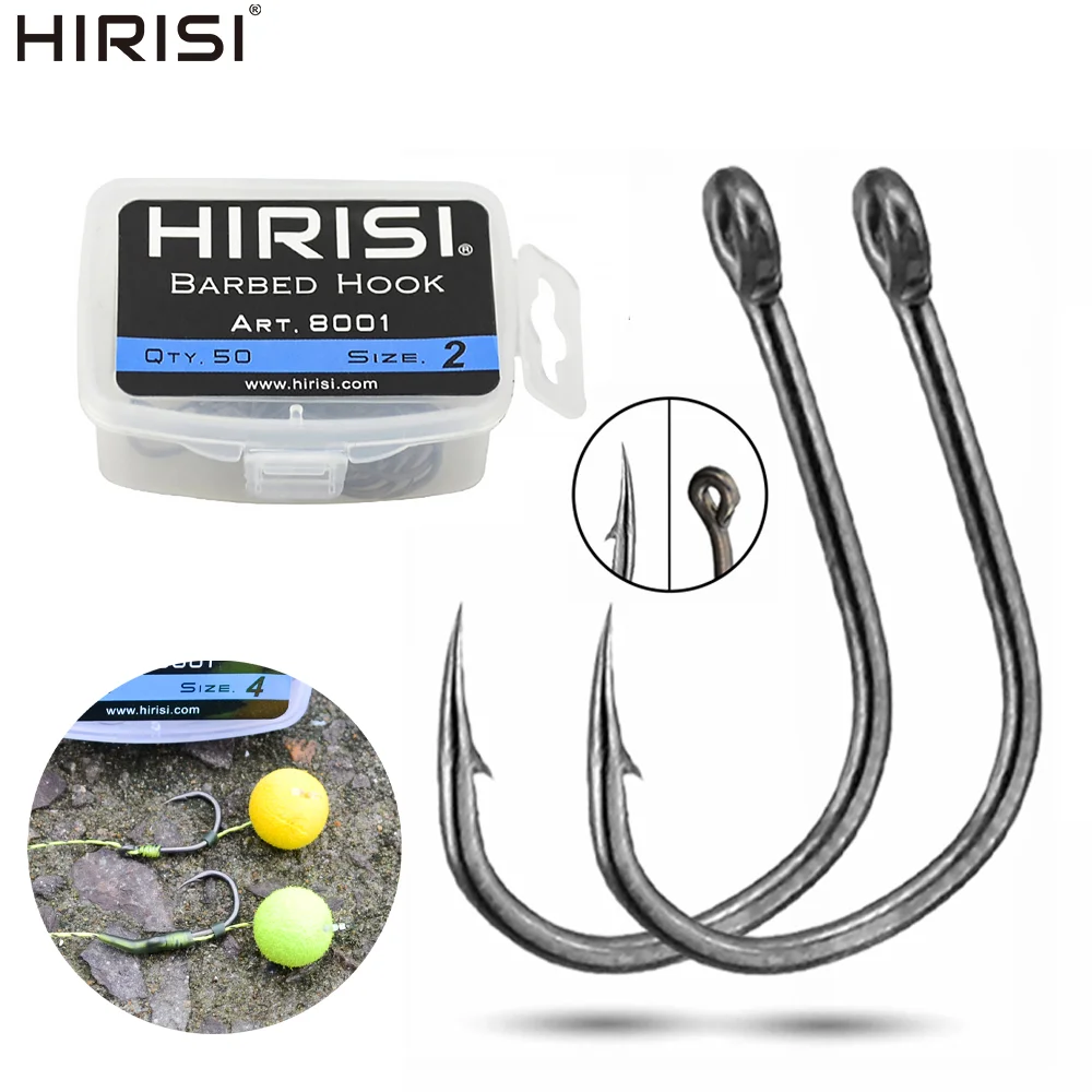Hirisi 50pcs High Carbon Steel Carp Fishing Hooks Barbed Coated Eye Design Fishing accessories 8001
