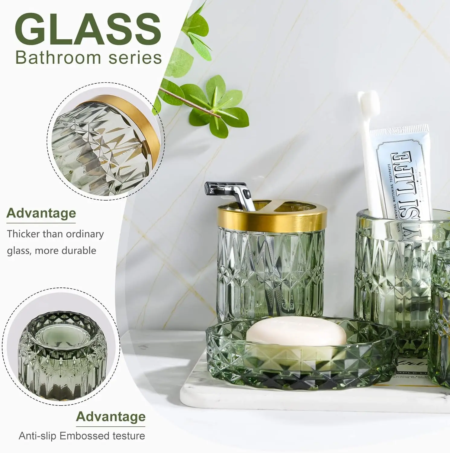

Green Bathroom Accessories Set, 5Pcs Clear Glass Bathroom Accessories, Hand Soap Dispenser, Soap Dish, Toothbrush Holder Set