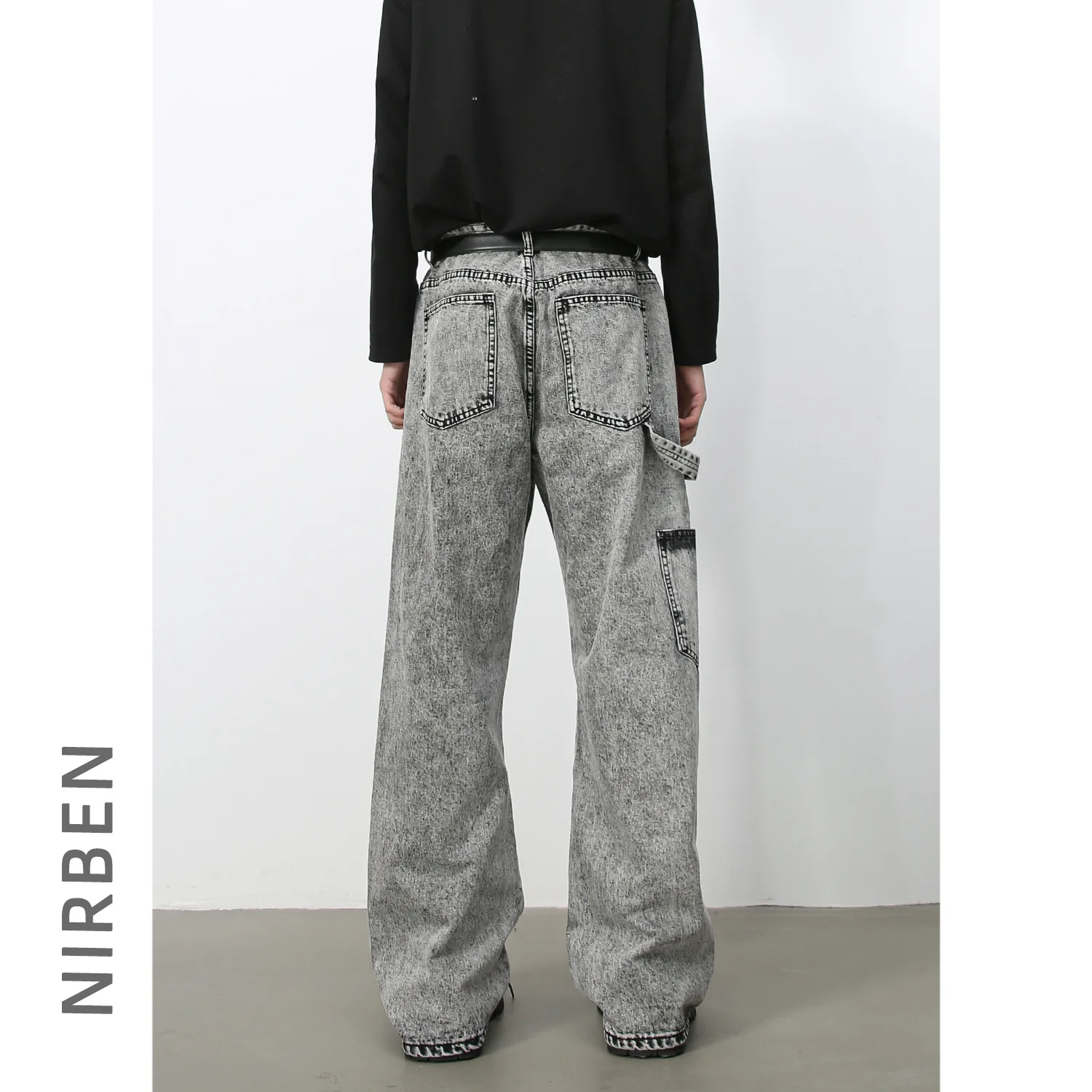 American Retro Gray Multi-pocket High Street Trendy Brand Loose Straight Wide-leg Denim Long Pants