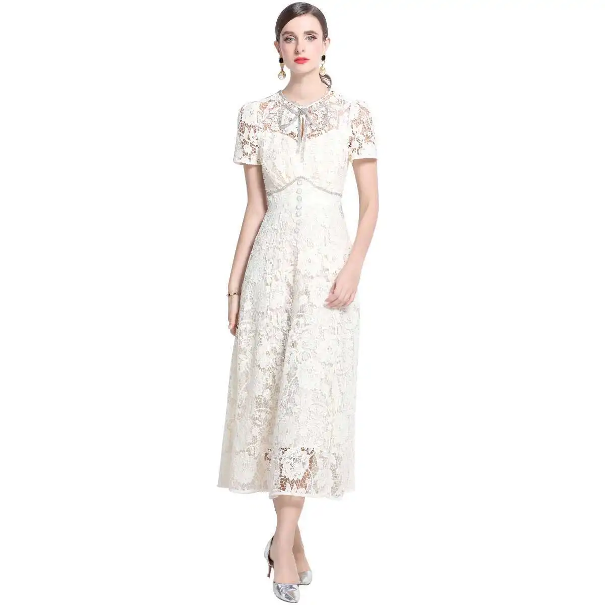 Elegant Flower Embroidery Hollow Out Lace Long Dresses Women\'s 2025 Summer Crystal Bow Eveng Party Dress Wedding Bridesmaid Robe