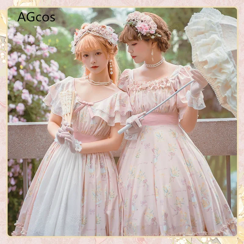 Vestido Lolita JSK para mulheres, coelho e poema de amor, doce lindo vestido francês, OP Cosplay, vestidos de mangas curtas para meninas, gótico