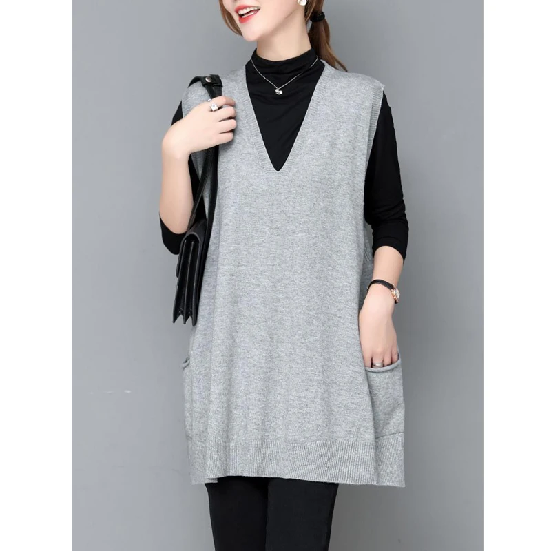 Spring Autumn Women Korean Style Simple Elegant V Neck Sleeveless Knitted Sweater Vest Female Casual Solid Loose Tunic Waistcoat