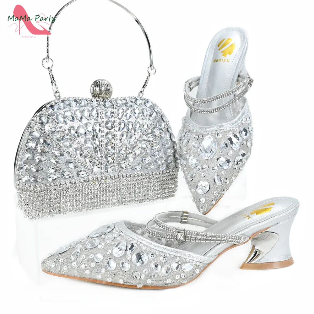 

Silvle Color Wedding Newest Design Face Book Hot Sale Decorate with Rhinestone Italian Shoes and Bag for Garden Party