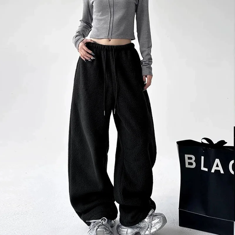 

Зимние толстые теплые спортивные штаны, винтажные термоштаны, новинка 2025, флисовые широкие брюки для женщин, свободные брюки в стиле оверсайз