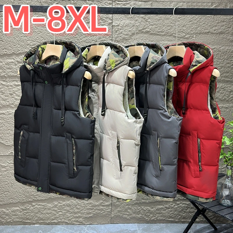 

8XL Men's Autumn Winter Trendy Personality Down Vest Men Cotton Thick Warm Vest Jacket Winter Vest for Man Plush Hooded Vest