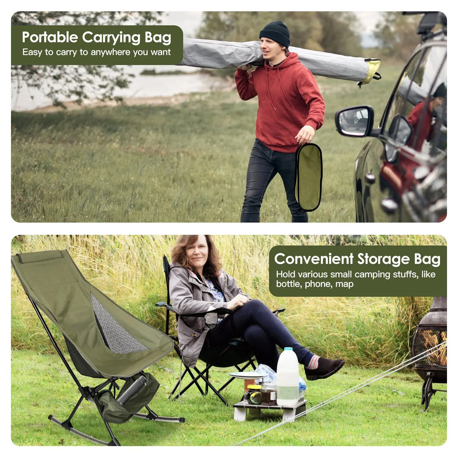 Portable Camping Rocking Chair 198LBS Weight Capacity Included Carry Bag High Back Rocker Chair For Patio Fishing Beach Lawn Tra