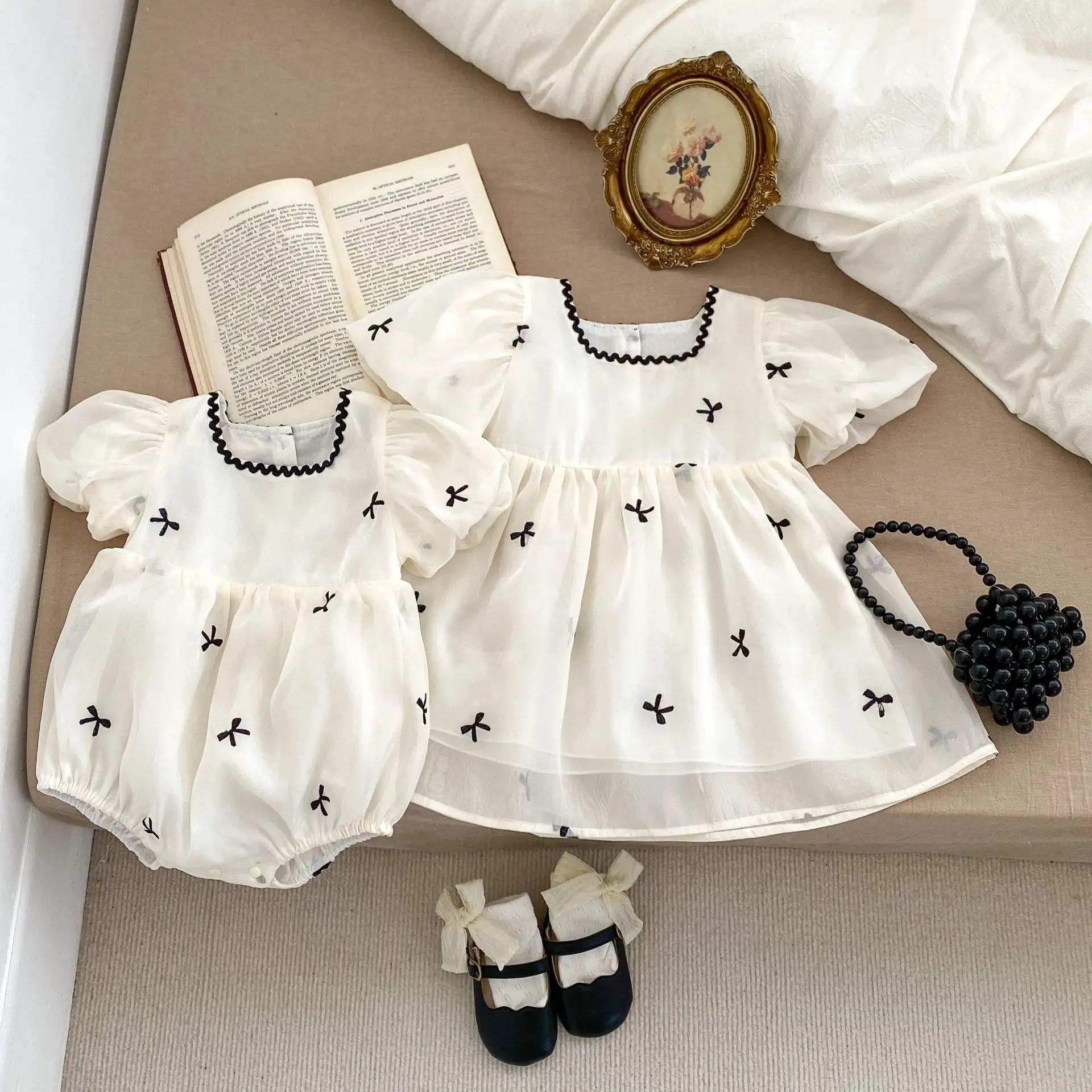 ins summer baby girls sister look cottom tulle knotbow short bubble sleeve infant girls romper toddler girls mesh dress