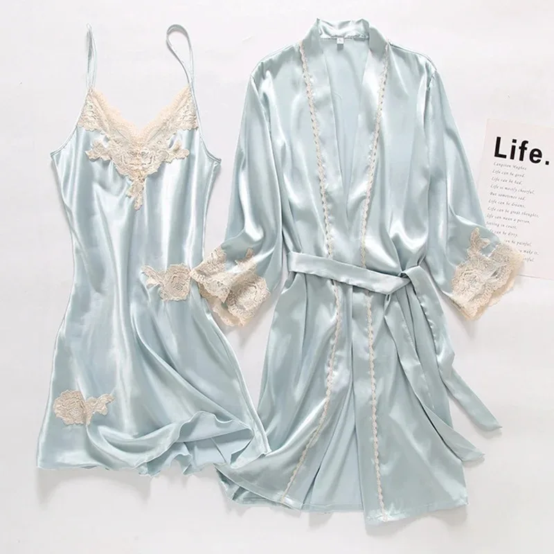 

New 2023 Nightshirt Set 2PC Silk Robe Sleep Suit Womens Lace Satin Pajamas Gown Set V-Neck Nighties Wear Fashion Home Nightwear