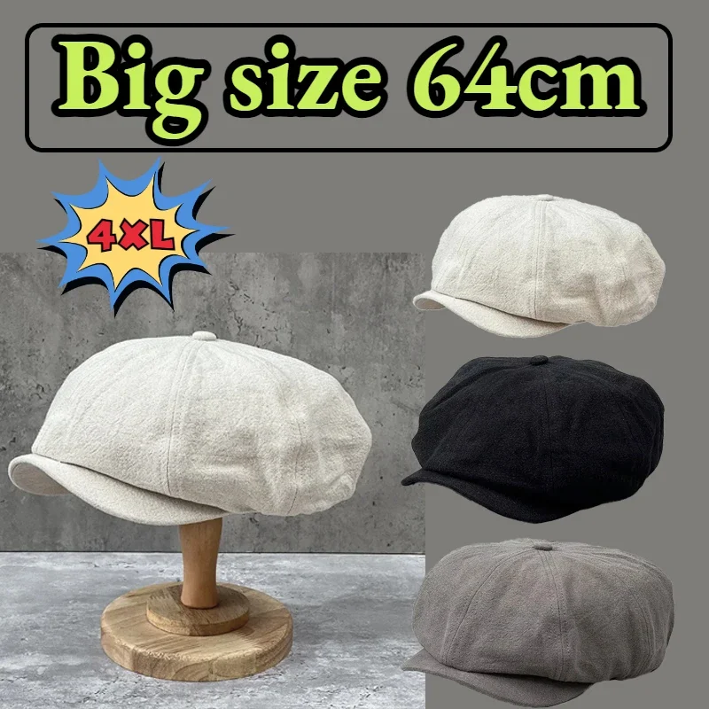 NEW Cotton Linen Newsboy Caps Plus Size 64CM Men's Spring Summer Thin Retro Beret Hat Fashion Casual Hat Unisex Octagonal Hats