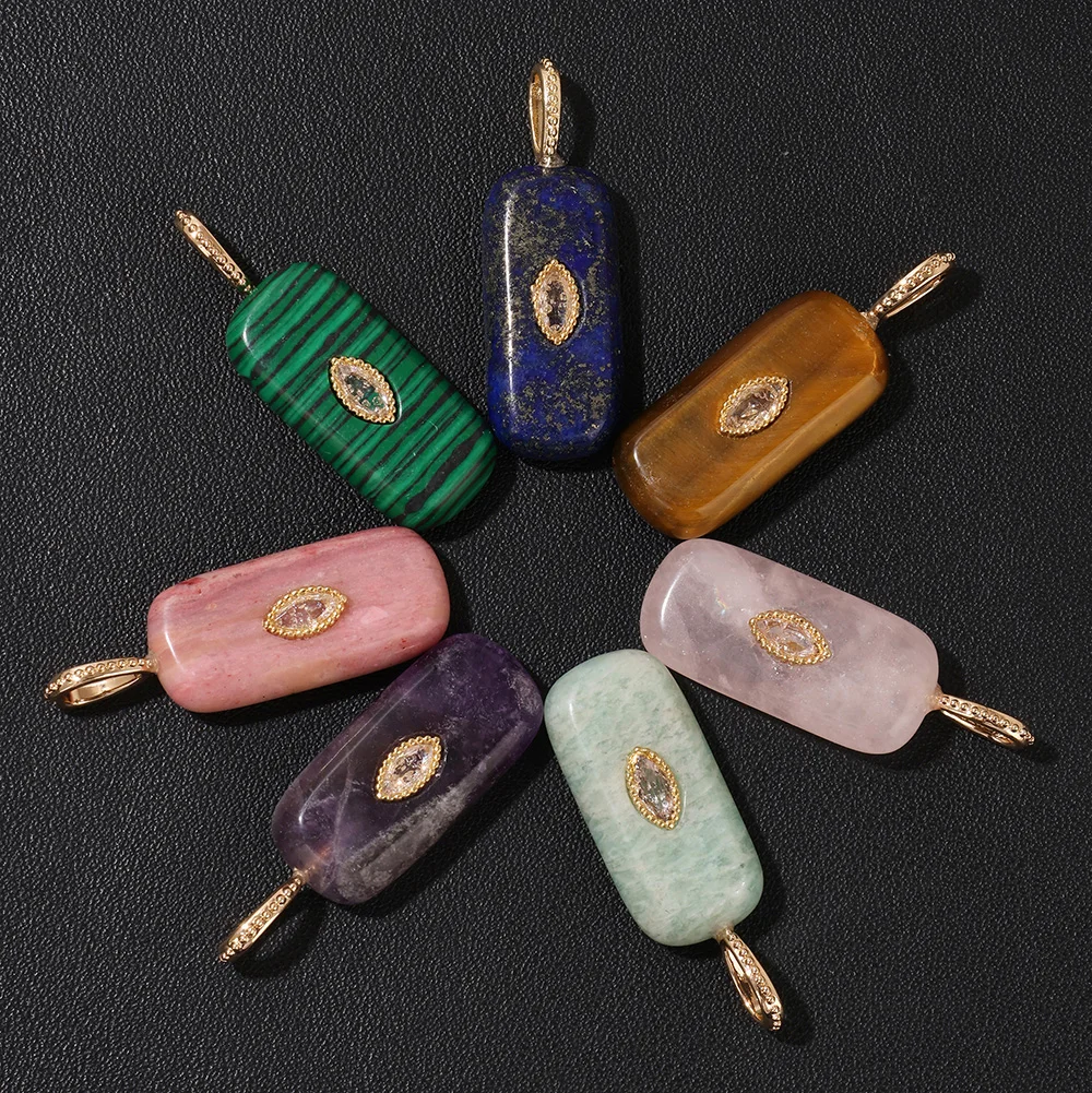 1PC Natural Rectangle Stone Pendant Tiger Eye Rose Quartz Amethyst Lapis Lazuli Malachite Charms For Jewelry Making DIY Necklace