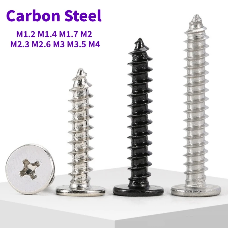

20~200Pcs M1.2M1.4M1.7M2M2.3M2.6M3M3.5M4 Carbon Steel/Black Cross Phillips Ultrathin Low Flat Wafer Head Self-tapping Wood Screw