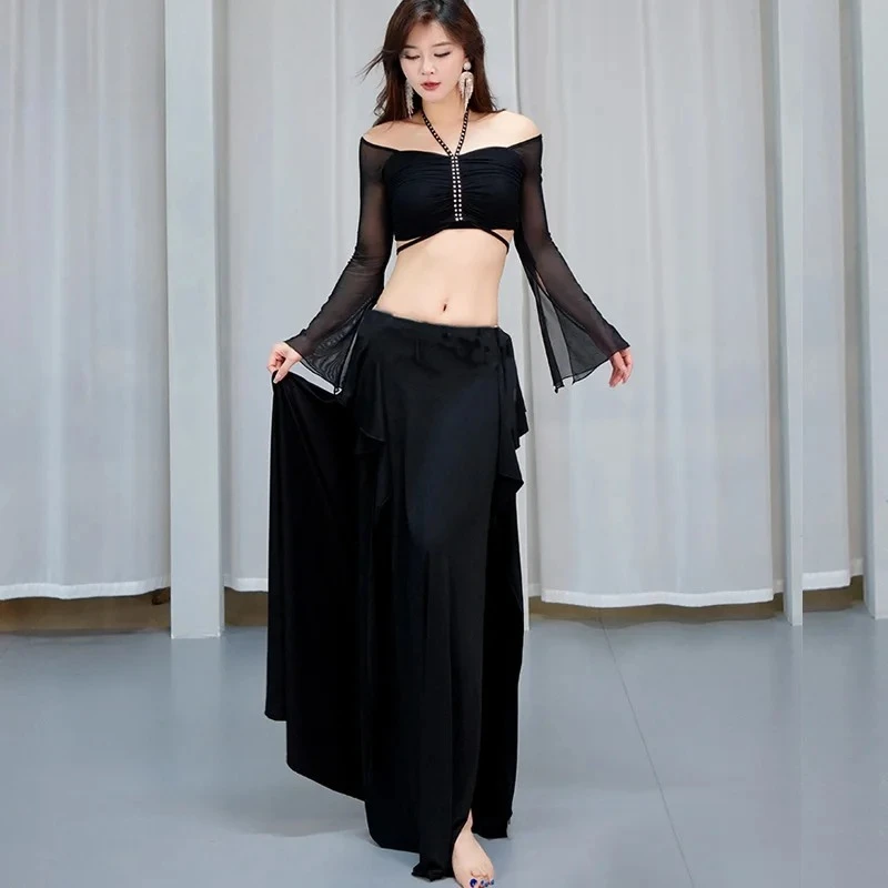 2 Pieces Set Belly Dance Costumes Sexy Top and Long Skirt Wearing Outfit for Women Stage Performance Dancing Practice Clothes