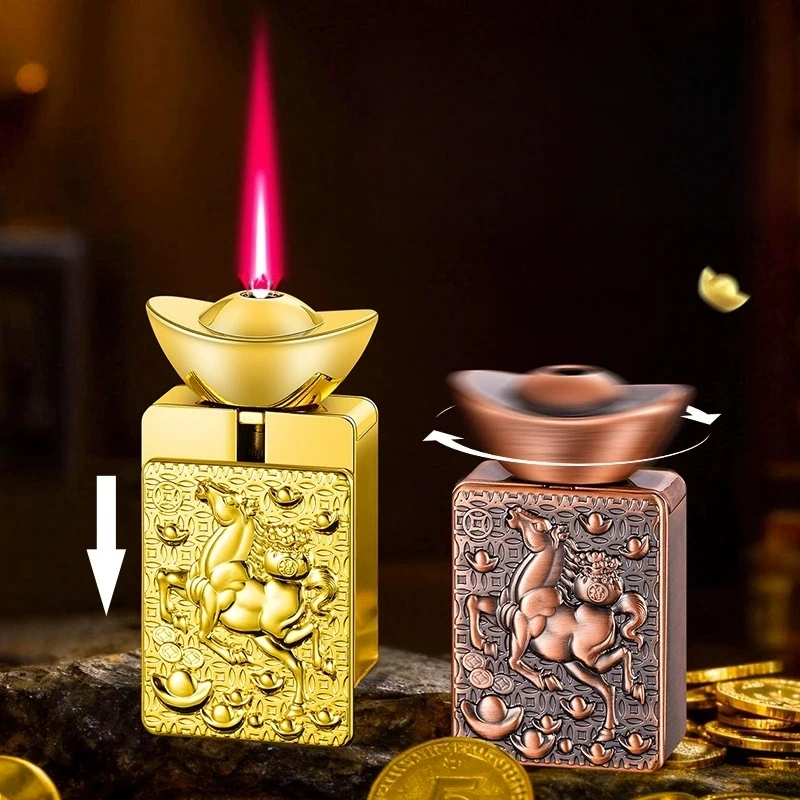 

New Metal Relief Belt Rotating Gold Ingot Lighter Windproof Jet Pink Flame Portable Lighter Smoking Accessories Smoking Gift