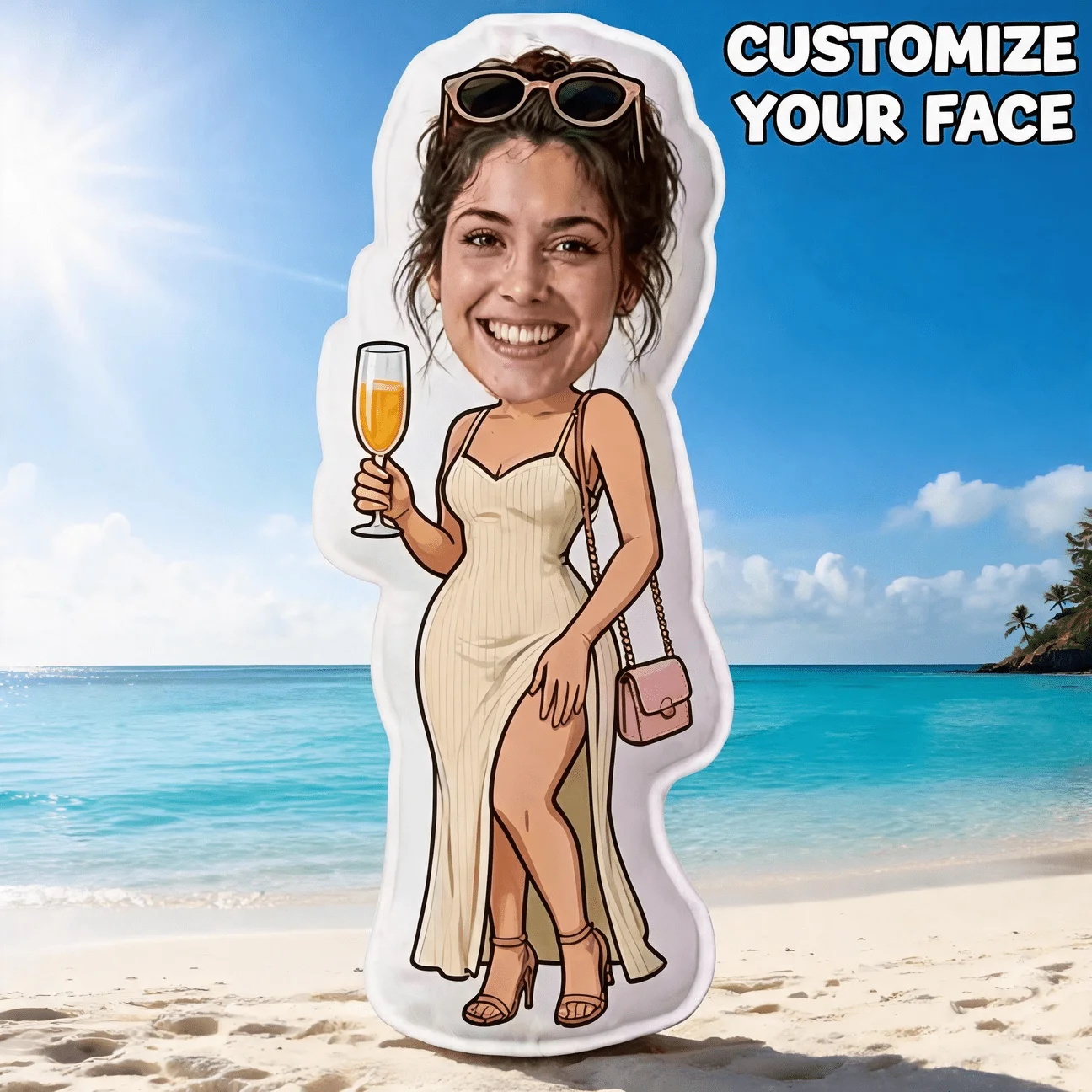 Custom Photo Shaped Pillow, Personalized Face with Champagne & Dress Decorative Cushion, 70cm Funny Home Decor Accent for Sofa B