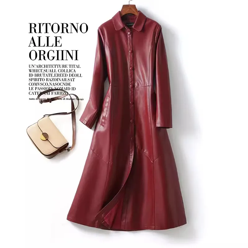 Trench lungo in vera pelle da donna primavera 2024 moda vino rosso monopetto con bottoni ricoperti capispalla in pelle di pecora da donna