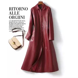 2024 primavera feminina de couro dividido longo trench coats moda vinho vermelho único breasted botão coberto senhoras pele carneiro outwear