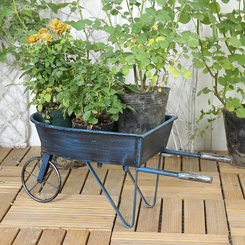 

American country wrought iron cart small flower stand, garden balcony outdoor decoration ornament, gardening groceries