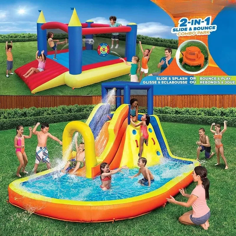 Inflatable Water Slide Park Plus Bounce House Value Pack w Free Air Blower Inflates Heavy Duty Kids Adventure Park Pool