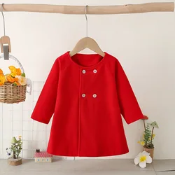 Autumn And Winter Casual Baby Girl Coat Girls' Solid Color Double Breasted Round Neck Raglan Wool Coat