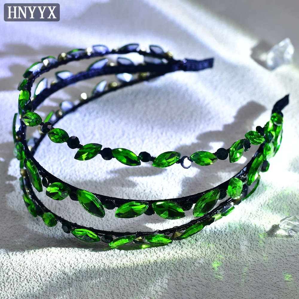 HNYYX Green Three Drainage Rhinestone Hair Hoop Fashion Luxury Headband Fashion Wedding Festival High End Hair Accessories A133