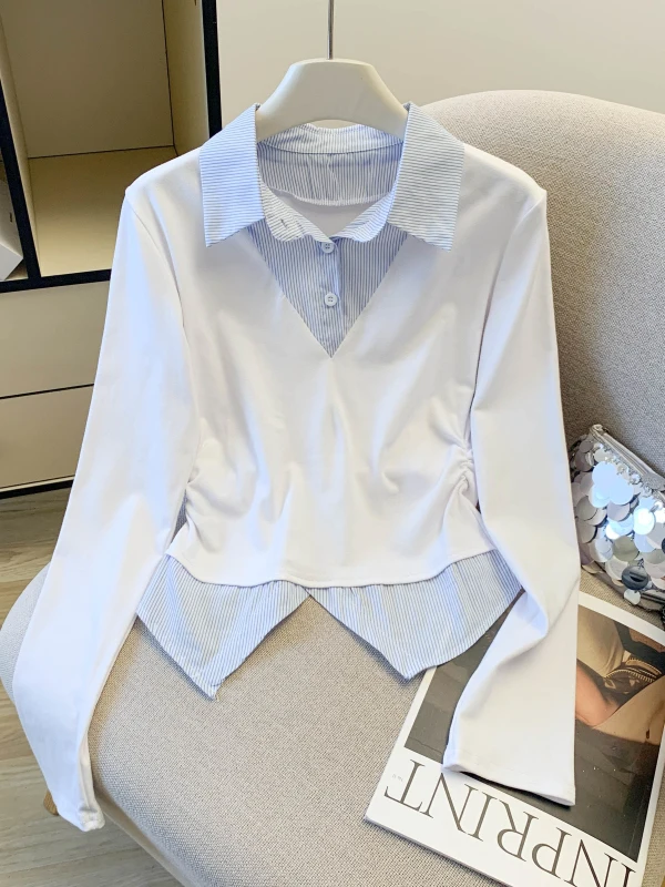 

Сине-белый полосатый повседневный женский топ с воротником-стойкой в корейском стиле, приталенный, универсальный, для весны и осени