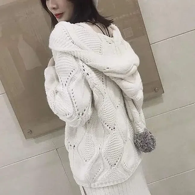 Autumn Winter Women Loose Knitted Cardigan Thin Hair Jacket Fashion Korean Sweater Female 2023 Ball Hat Wild Knit Coats Pink