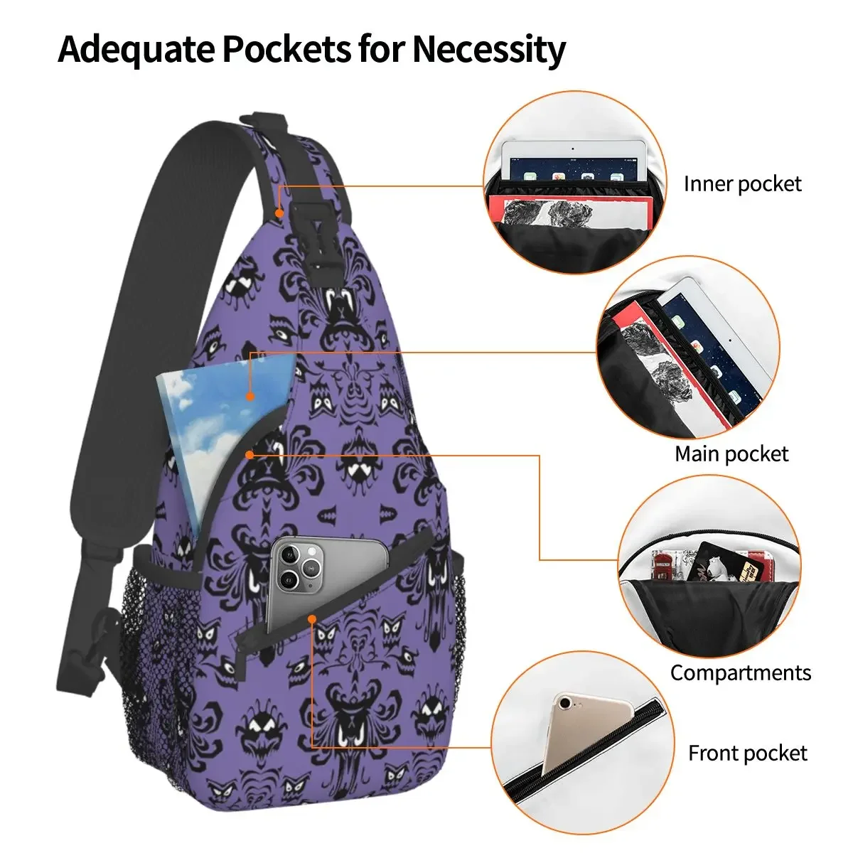 Grimace Haunted Mansion Sling Bag Chest Crossbody Shoulder Backpack Outdoor Sports Daypacks Halloween Horror Printed Satchel